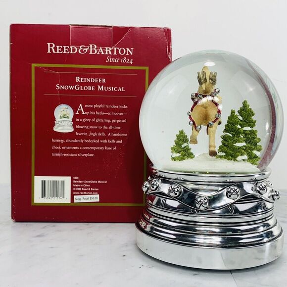 Reed & Barton 2009 Reindeer Snow Globe Musical 6.5" Silverplate Jingle Bells EUC - Picture 3 of 6